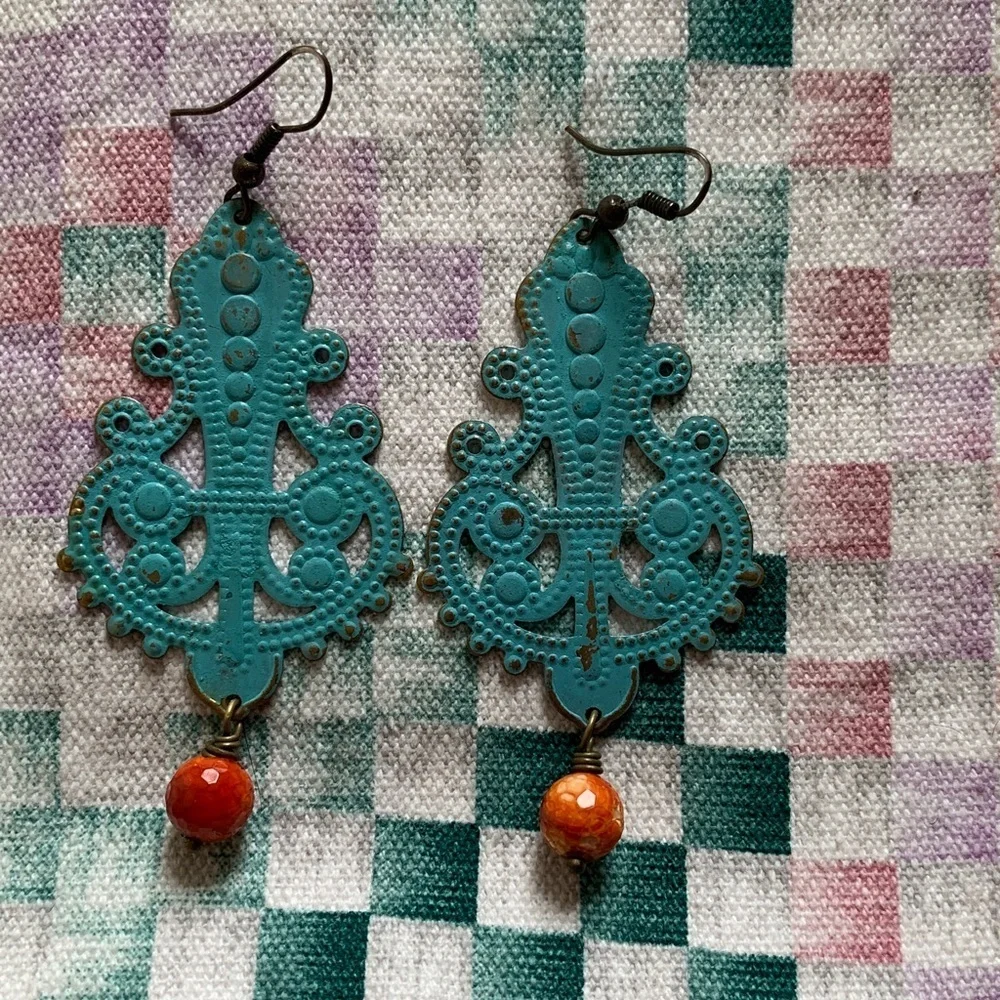 Vintage Dangle Earrings in teal blue and orange!